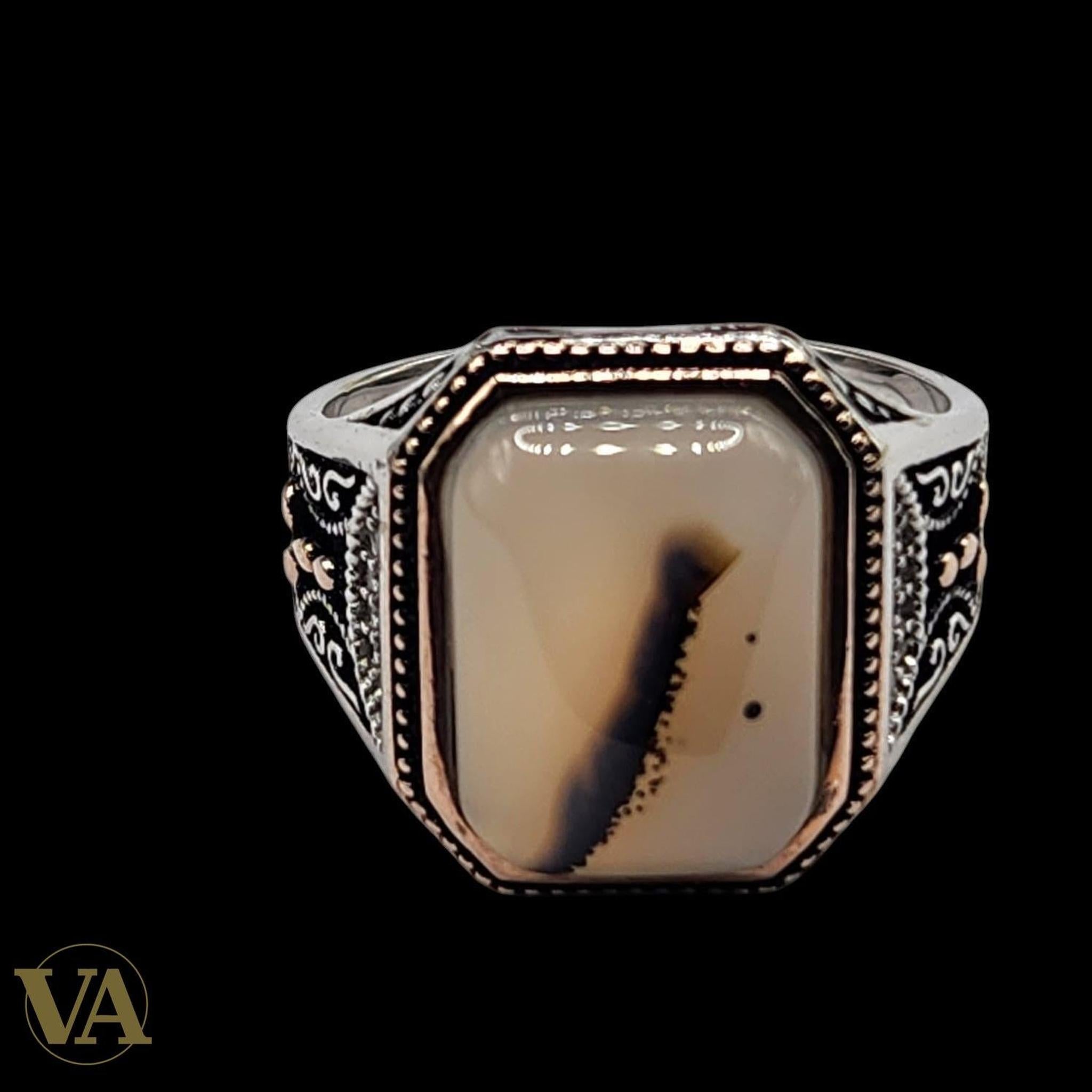 Bague Homme Argent 925 – Agate dendritique rectangulaire | Bijoux Vindicta