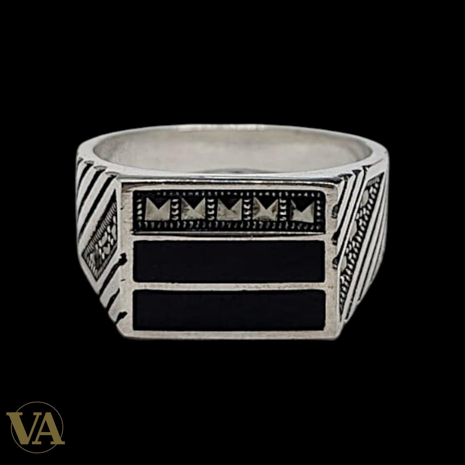 Chevalière Homme Argent 925 Onyx Noir et Marcassite | Bijoux Vindicta