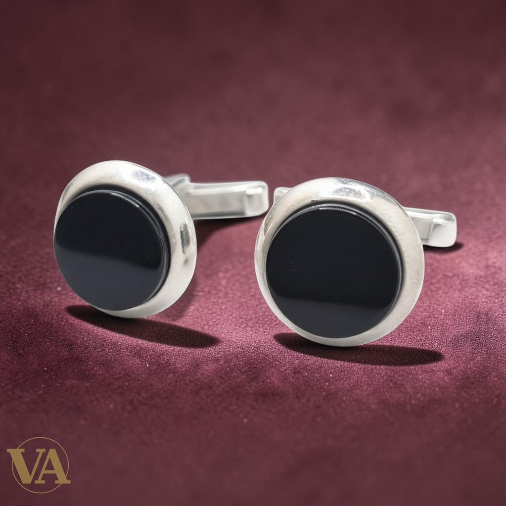 Boutons de manchette homme argent 925 et onyx noir ronds - Argent 925 - Vindicta