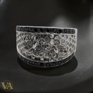 Bague femme argent 925 Abeilles Nid d'abeilles Onyx noir Zircons