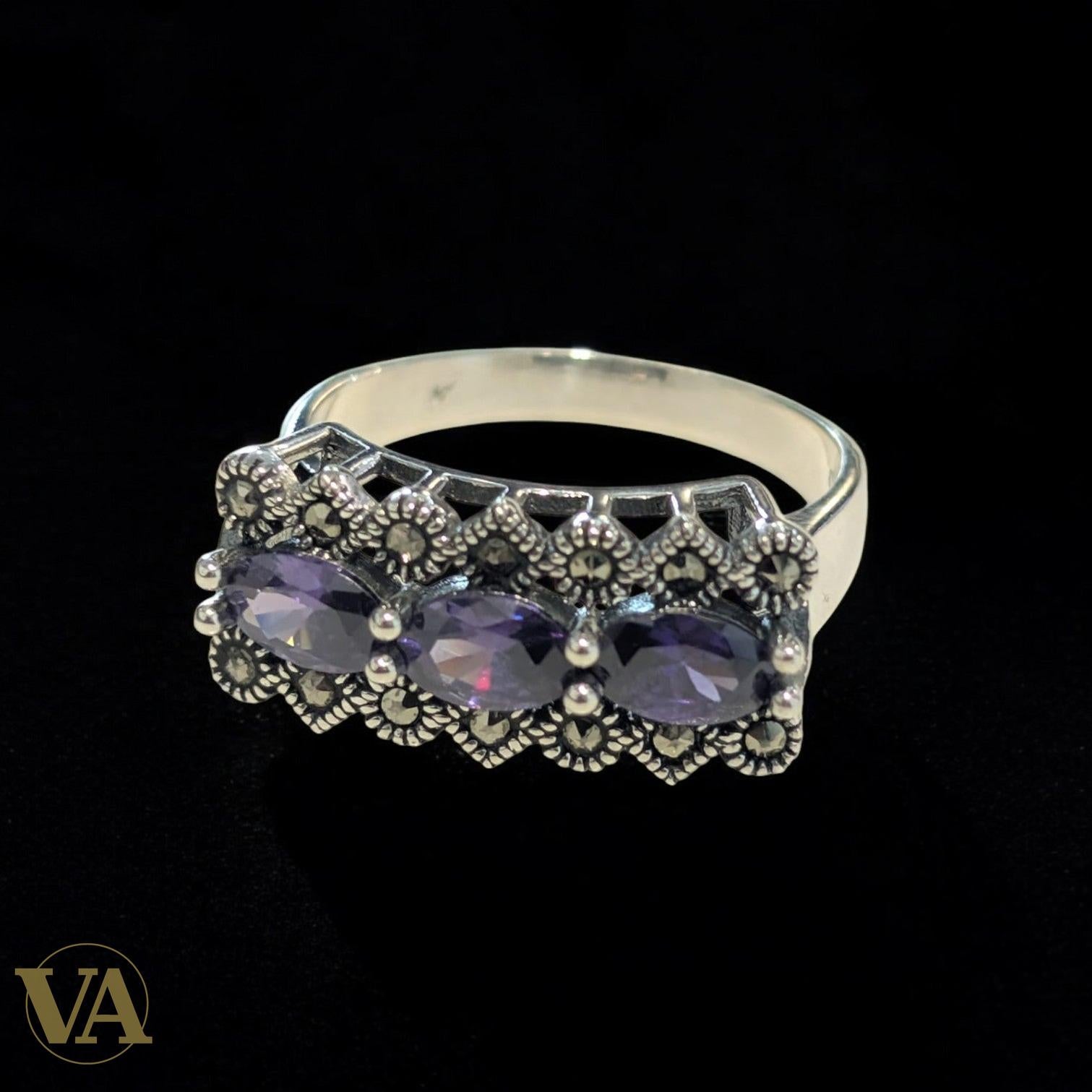 Bague Argent 925 Améthystes & Marcassites – Style Vintage Chic