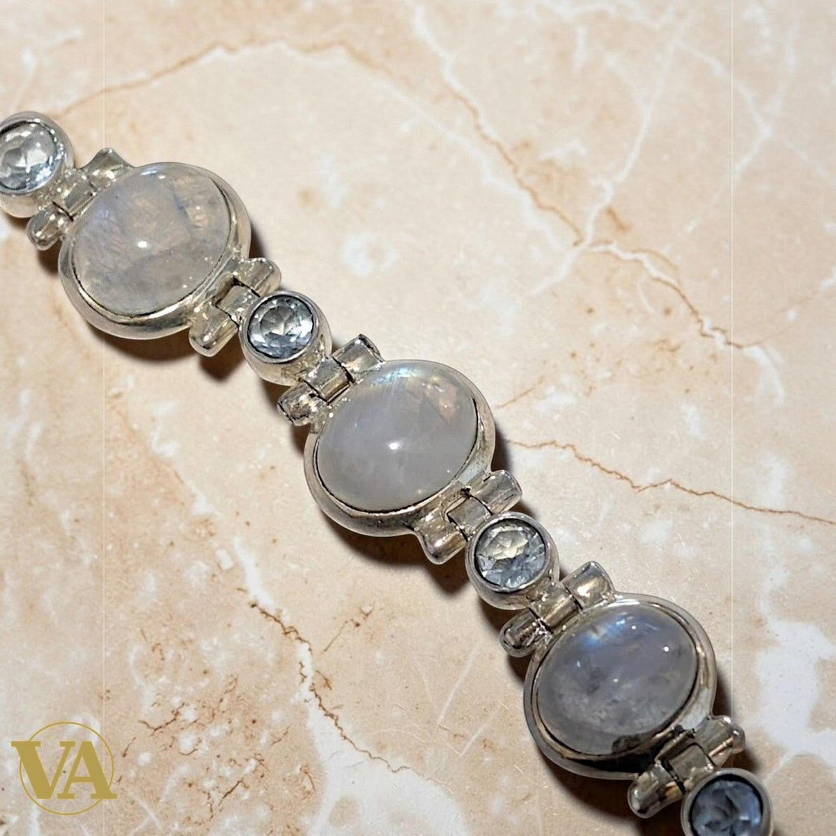 Bracelet Femme Argent 925 Pierre de Lune & Cristaux Vintage