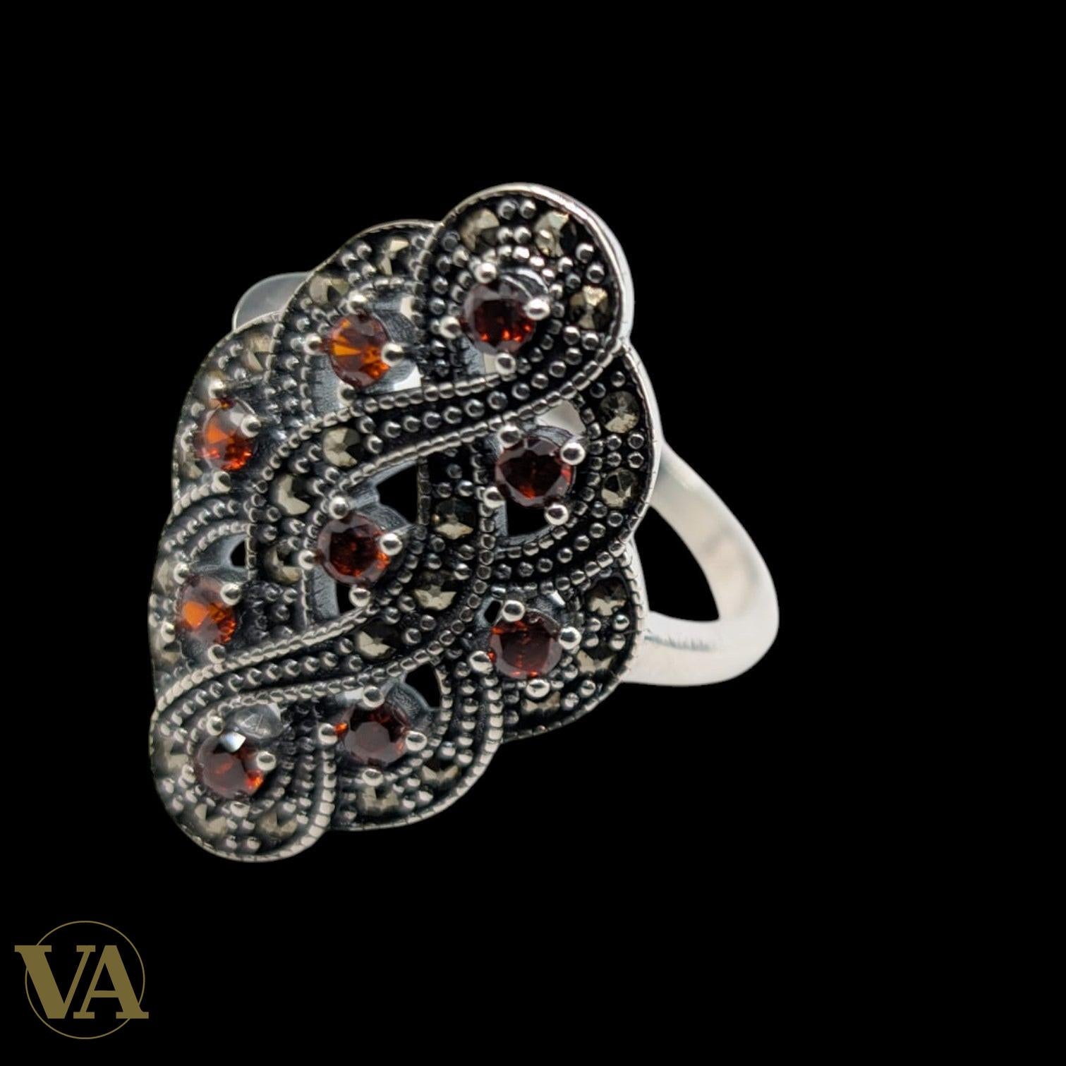 Bague Femme Argent 925 Grenat & Marcassite – Design Vintage Ajouré