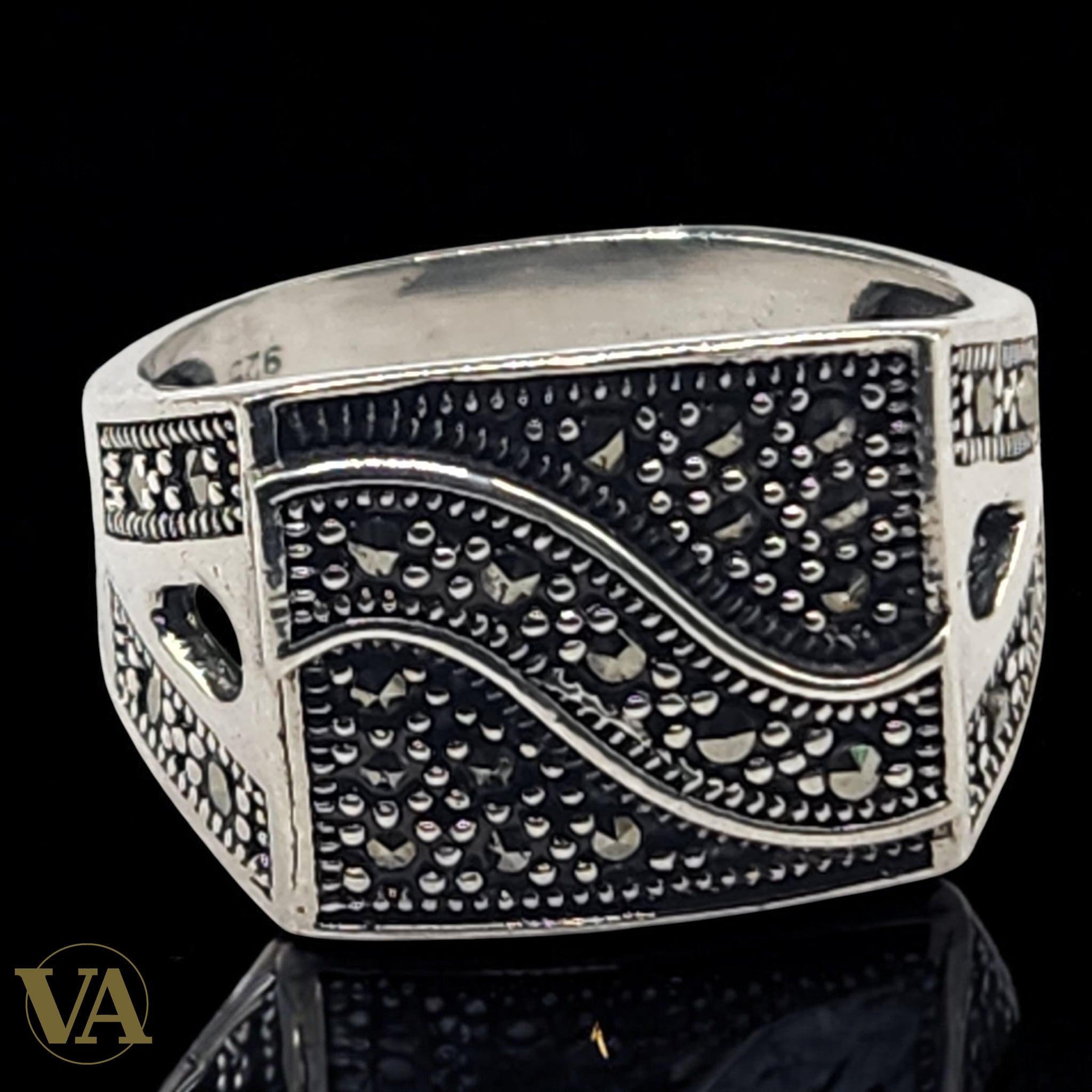 Bague Homme Argent 925 – Marcassites serties & motif géométrique