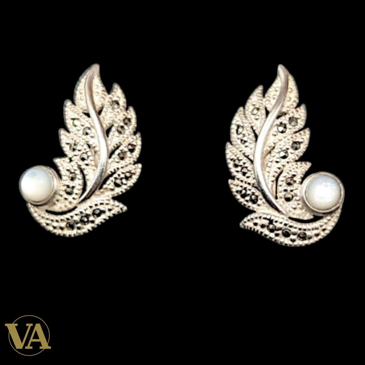 Boucles d'Oreilles Argent 925 Pierre de Lune et Marcassite