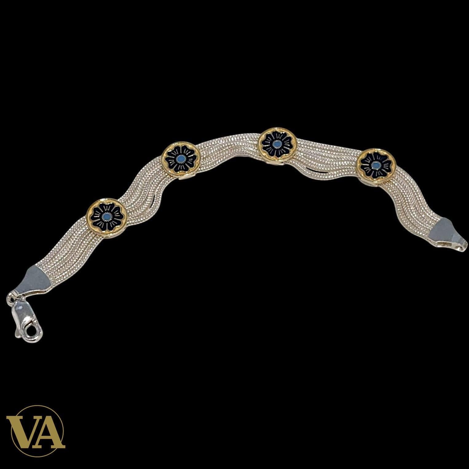 Bracelet femme argent 925 multi-chaînes rosaces dorées turquoise