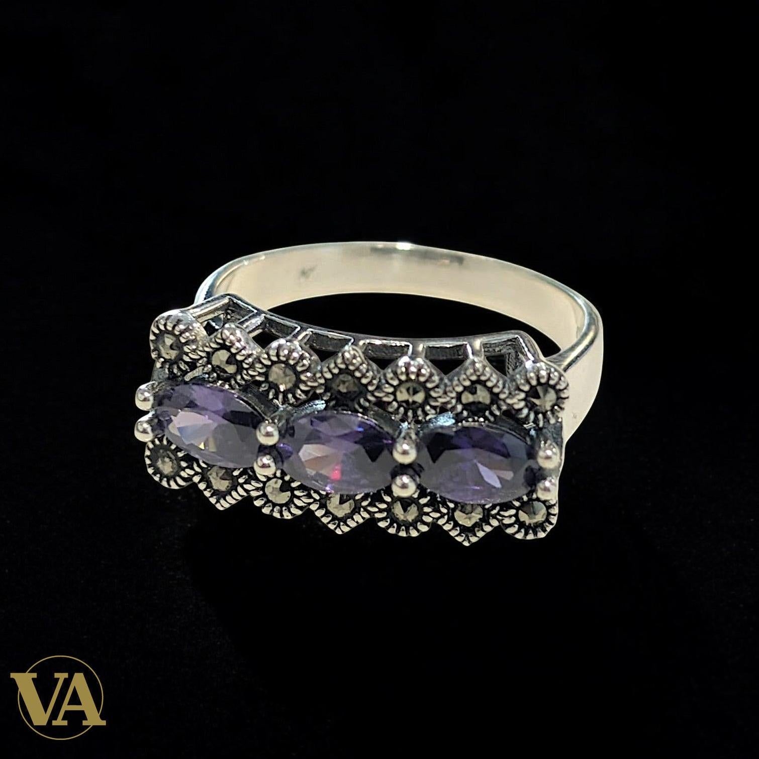 Bague femme Argent 925 Améthystes & Marcassites – Style Vintage Chic