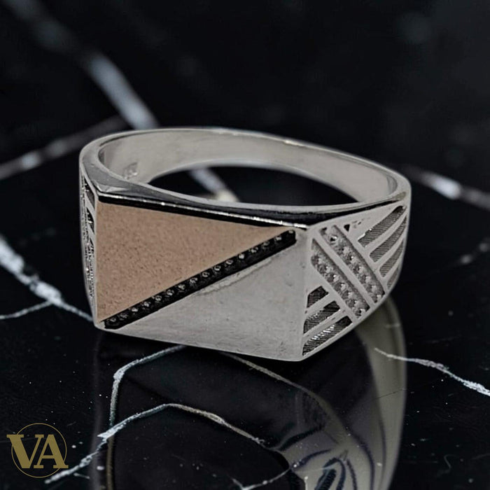 Chevalière Homme Argent 925 & Zircons Noirs – Design Géométrique Plaqué Or Rose