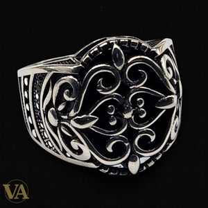 Men's 925 Sterling Silver Ring – Engraved Oriental Floral Motif on a Black Background