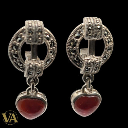 Boucles d'Oreilles Femme Argent 925 Cornaline et Marcassite