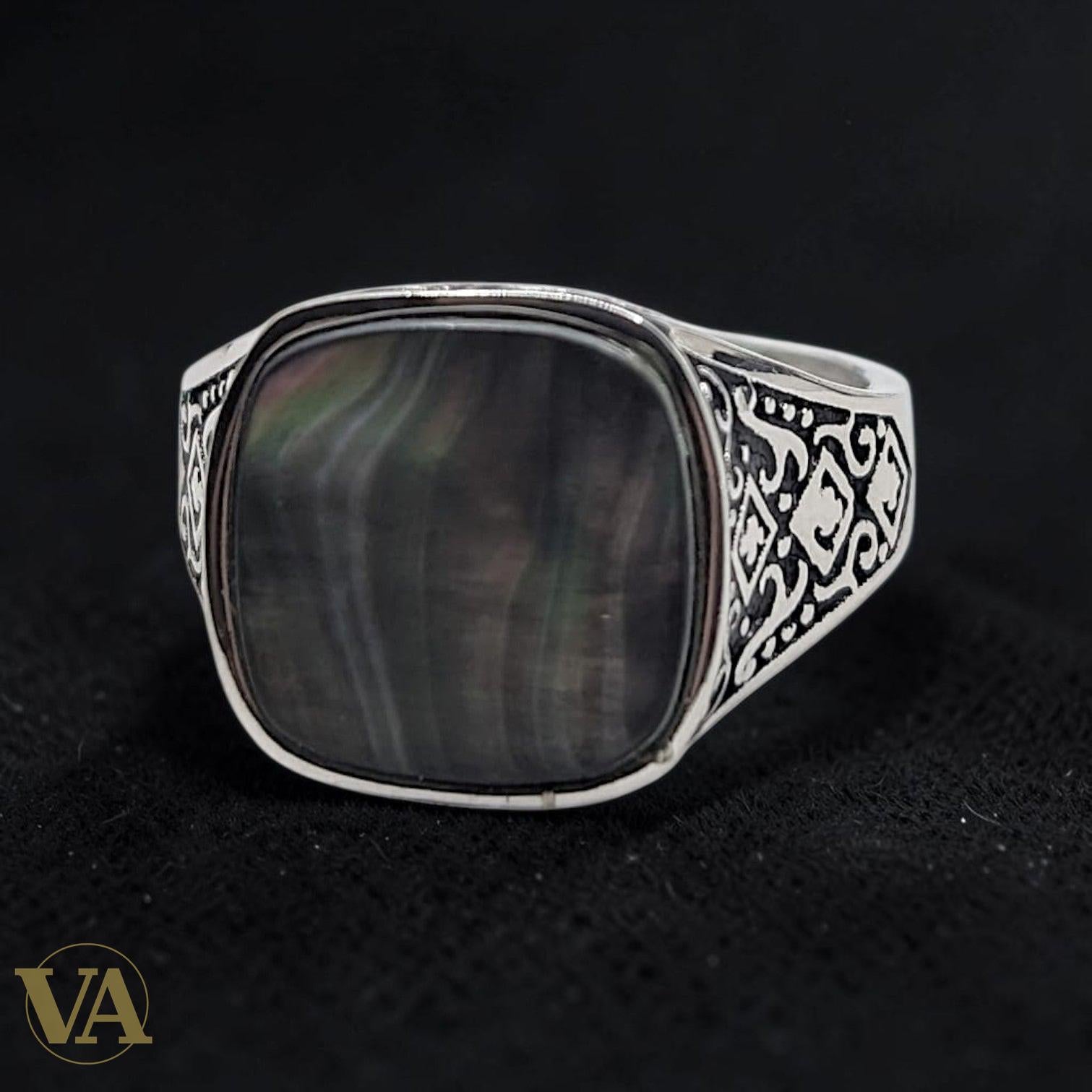 Chevalière Homme Argent 925 Nacre Noire Entrelacs Ciselés - Argent 925 - Vindicta