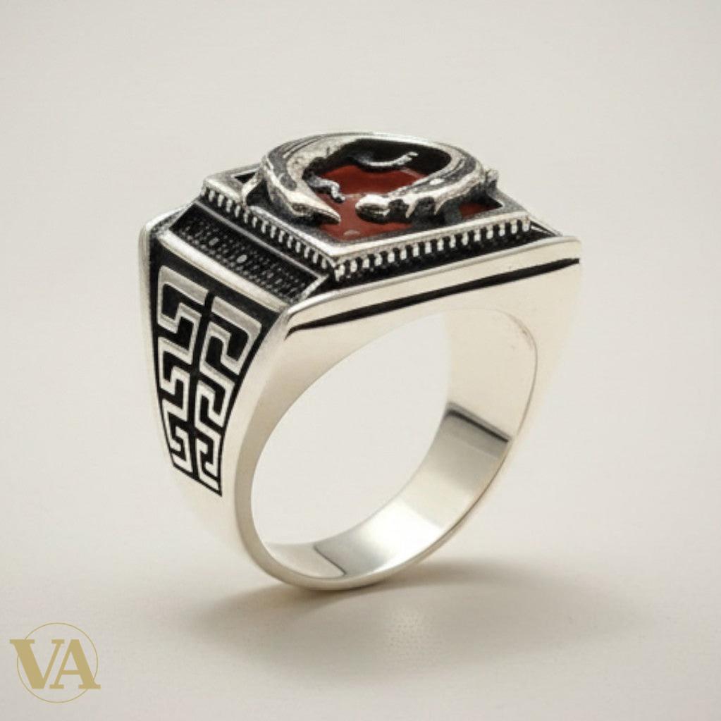Chevalière Homme Argent 925 Pierre Cornaline Motif Crocodile