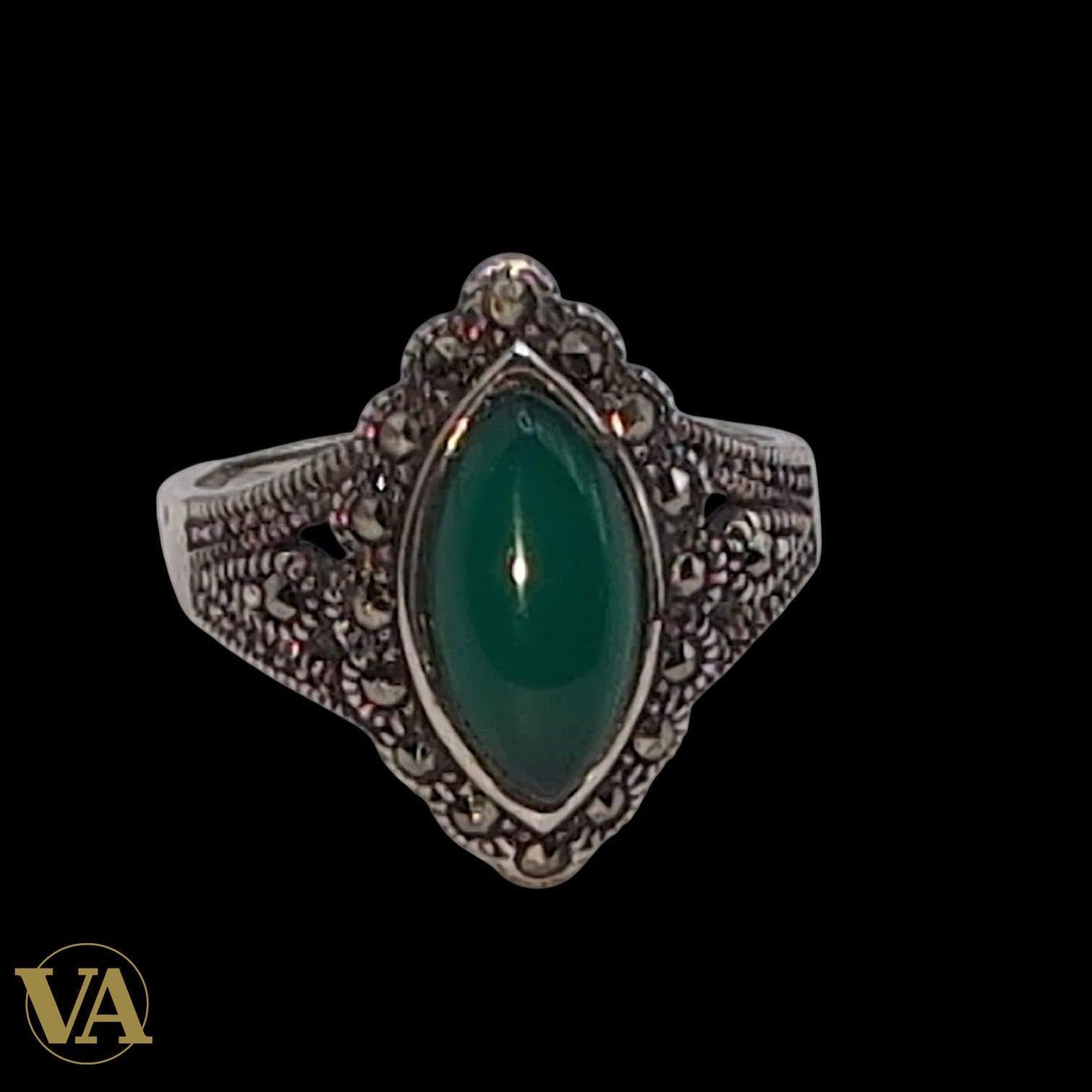 Bague Femme Argent 925 Onyx Vert Navette & Marcassite – Style Vintage Élégant