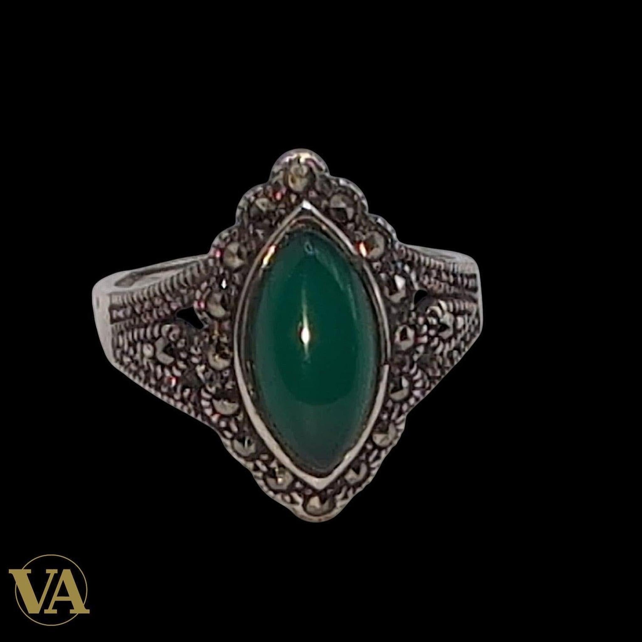 Bague Femme Argent 925 Onyx Vert Navette & Marcassite – Style Vintage Élégant - Argent 925 - Vindicta