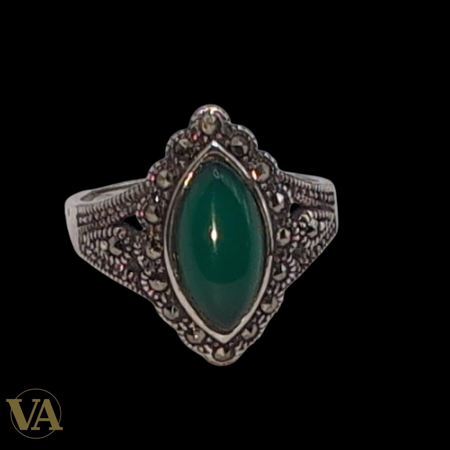 Bague Femme Argent 925 Onyx Vert Navette & Marcassite – Style Vintage Élégant