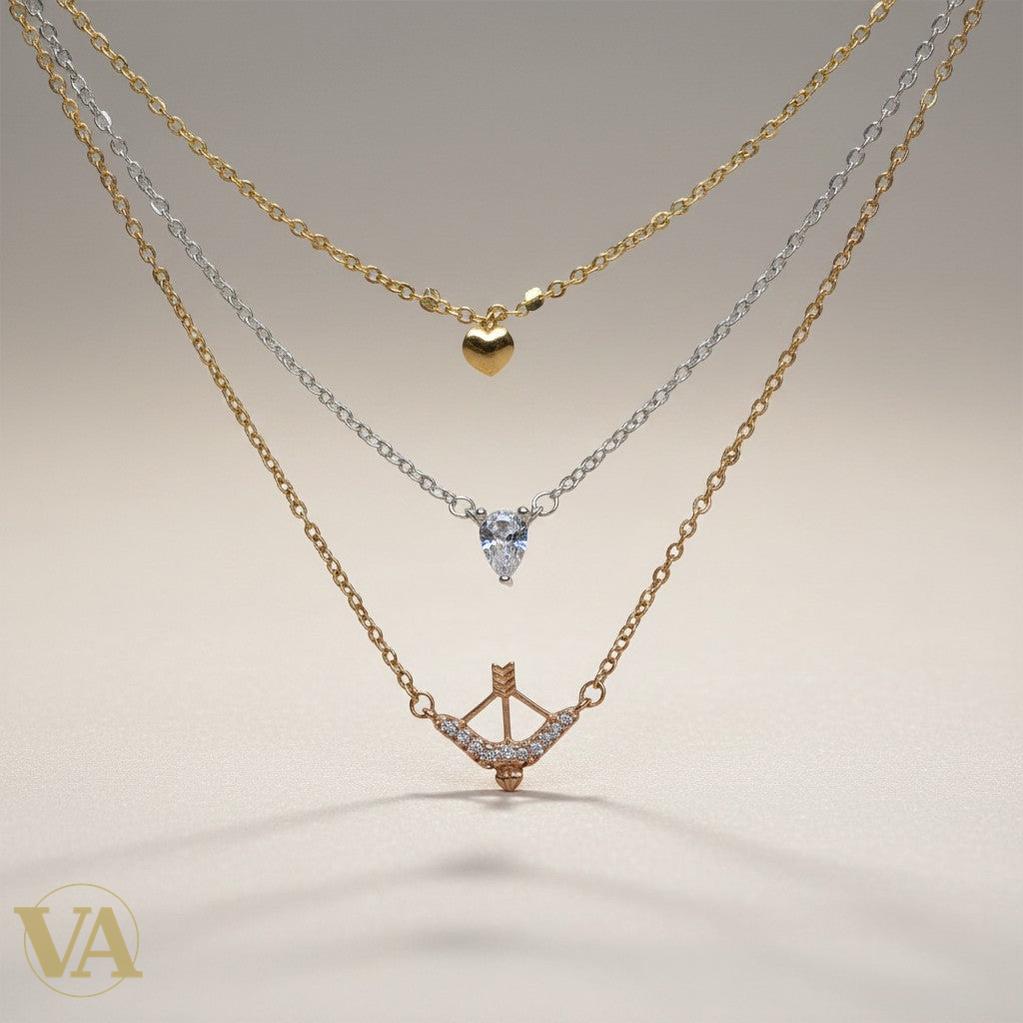 Set 3 Colliers Femme Argent 925 à Superposer — Cœur, Zircon Poire & Arc Flèche | Bijoux Vindicta