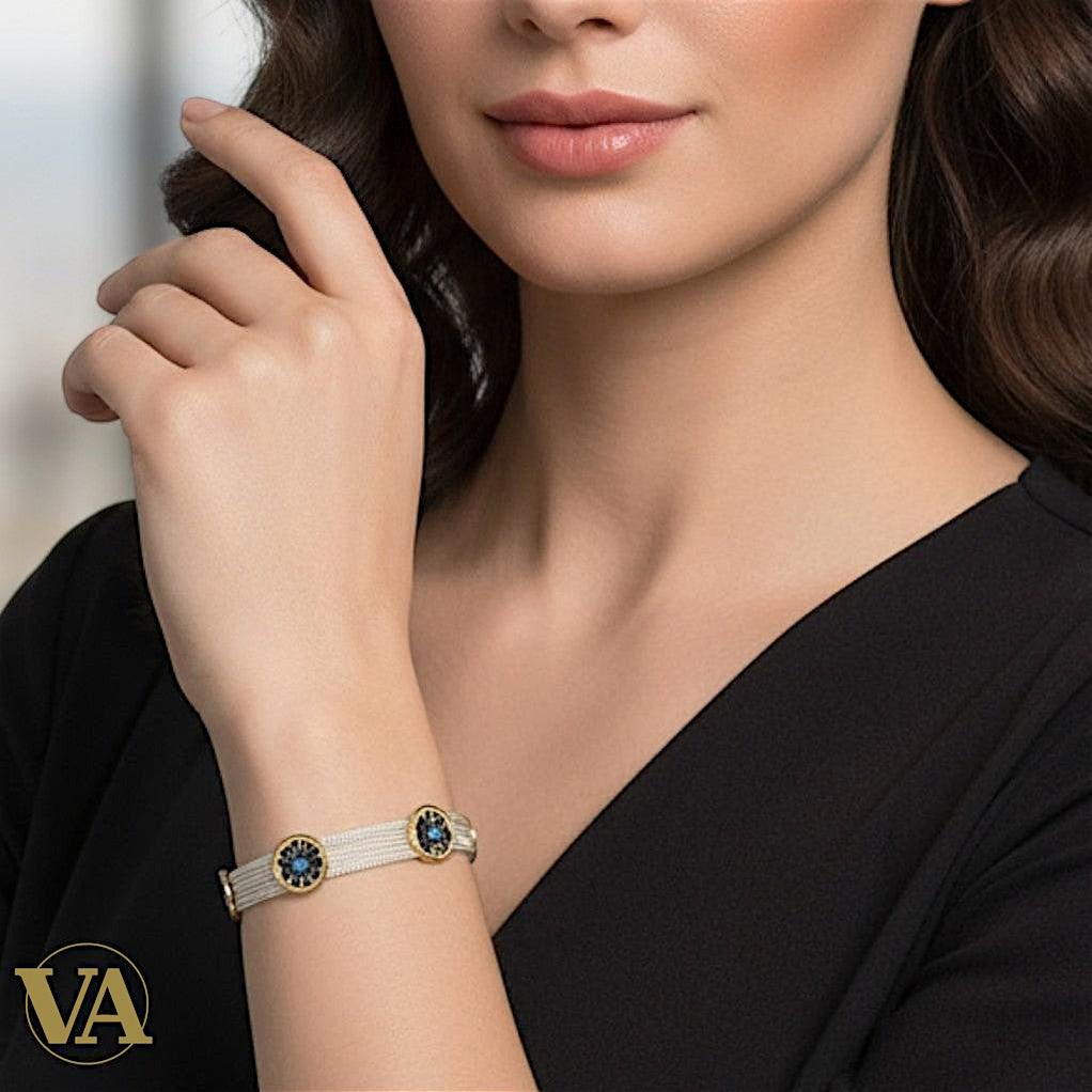 Bracelet femme argent 925 multi-chaînes rosaces dorées turquoise