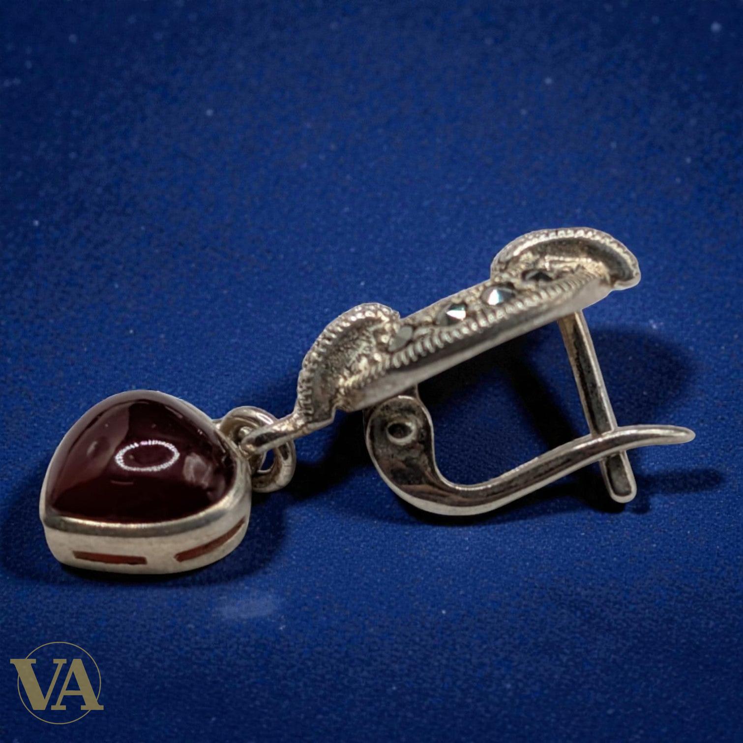 Boucles d'Oreilles Argent 925 Cornaline et Marcassite