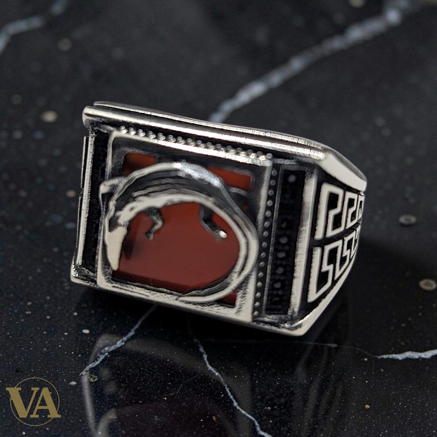 Chevalière Homme Argent 925 Pierre Cornaline Motif Crocodile