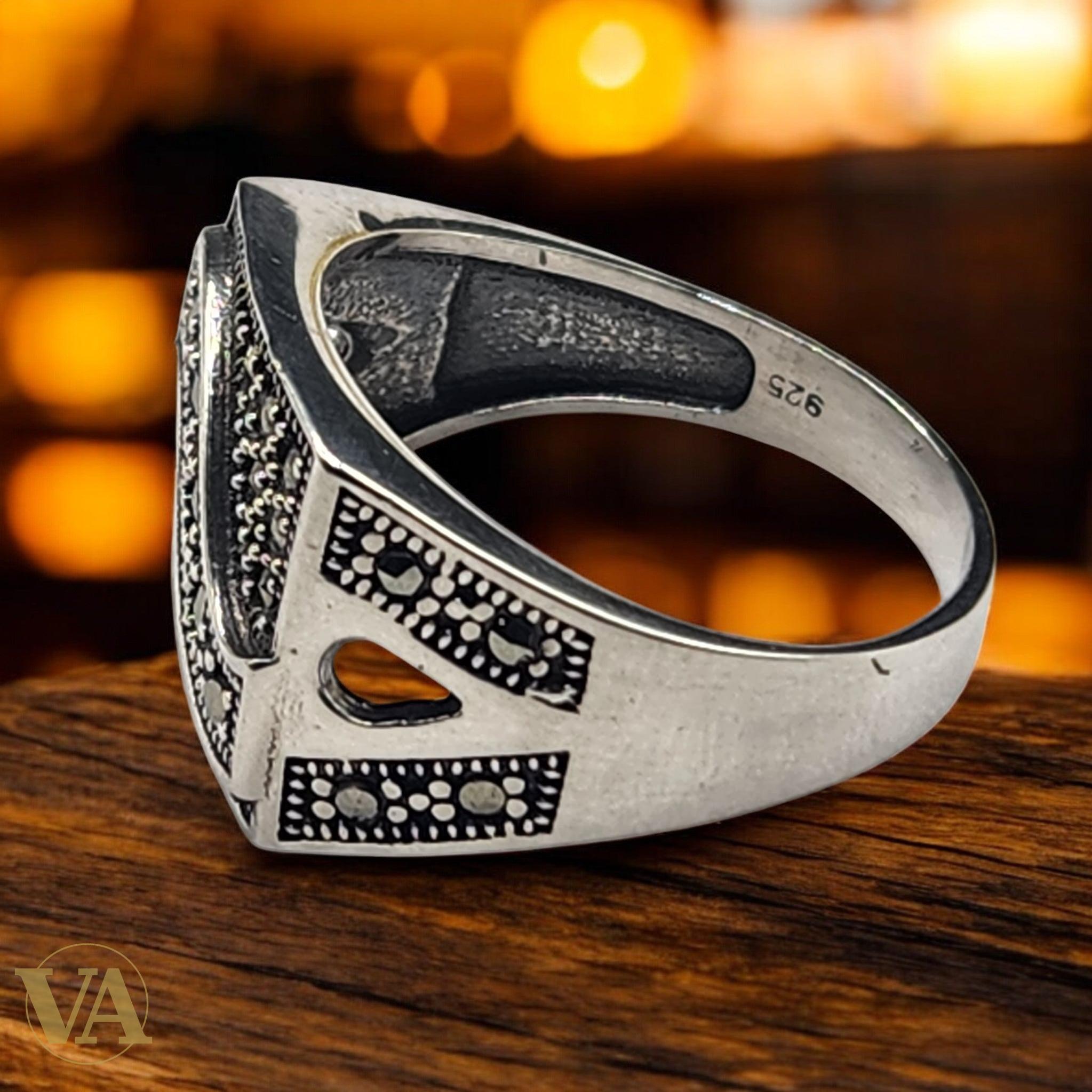 Bague Homme Argent 925 – Marcassites serties & motif géométrique