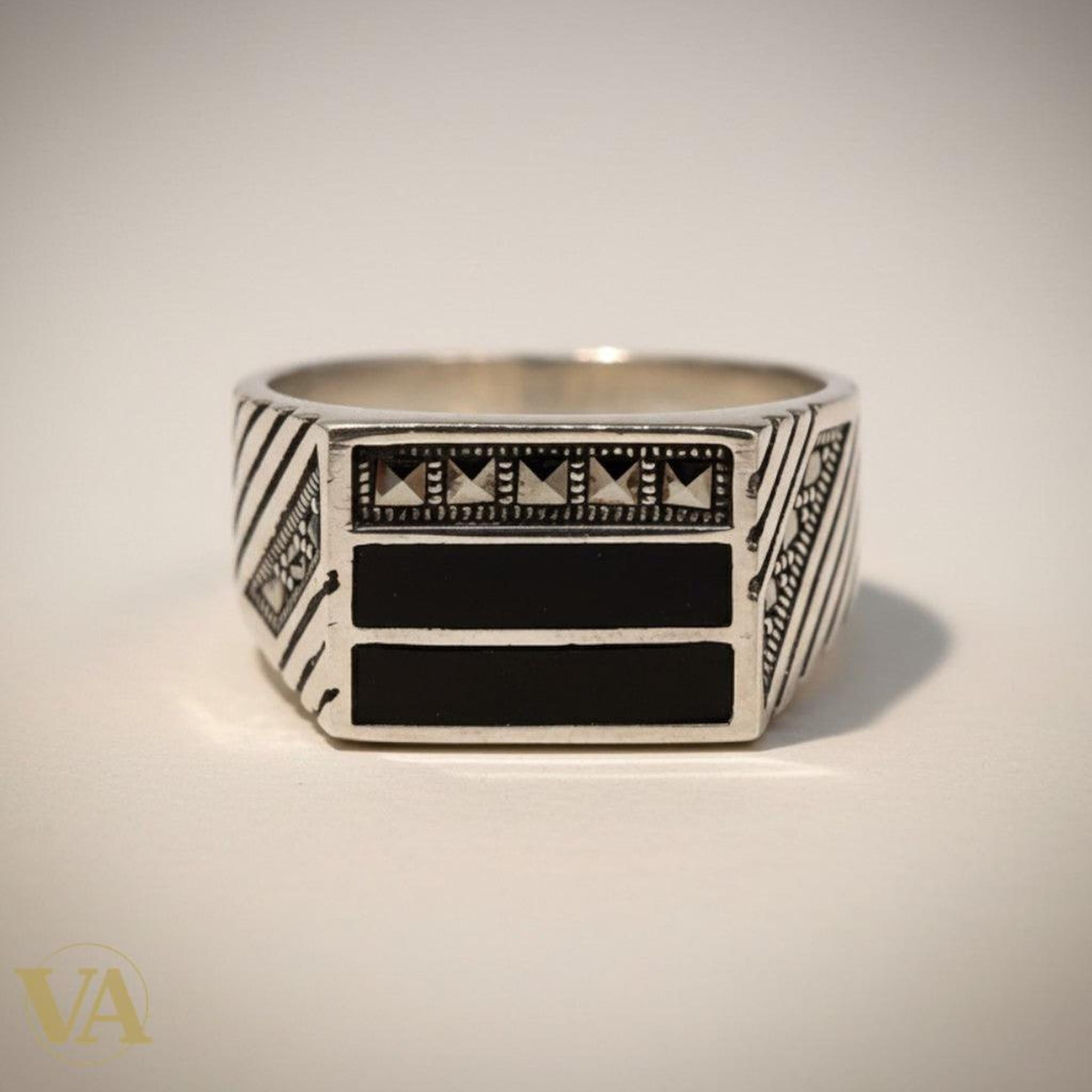 Chevalière Homme Argent 925 Onyx Noir et Marcassite - Argent 925 - Vindicta
