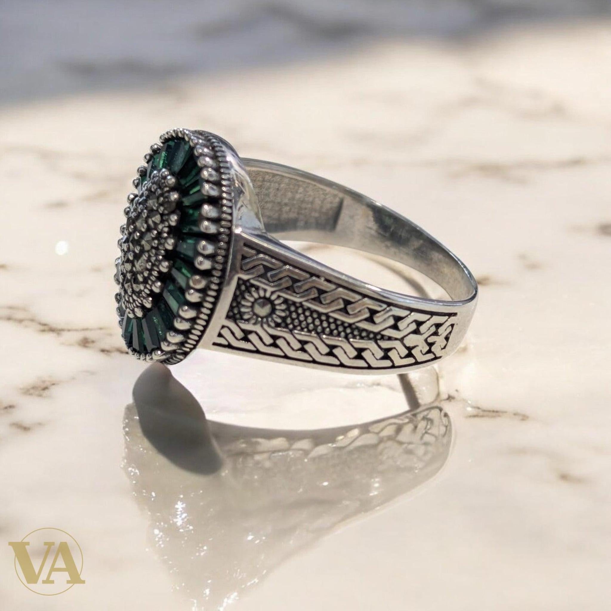 Bague Homme Argent 925 – Marcassite & Vert Émeraude - Argent 925 - Vindicta