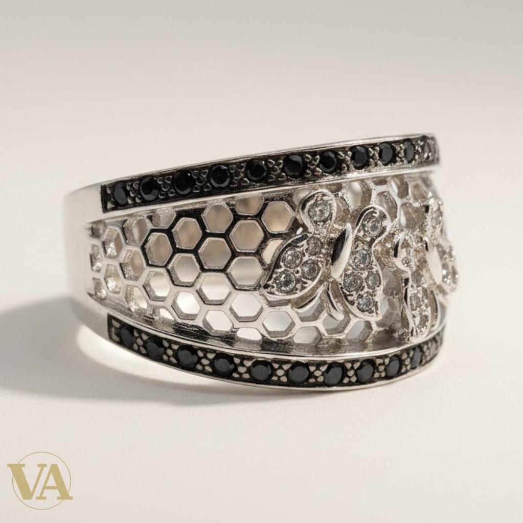 Bague femme argent 925 Abeilles Nid d'abeilles Onyx noir Zircons-Vindicta : Bijoux Argent 925 Massif, Luxe et Héritage