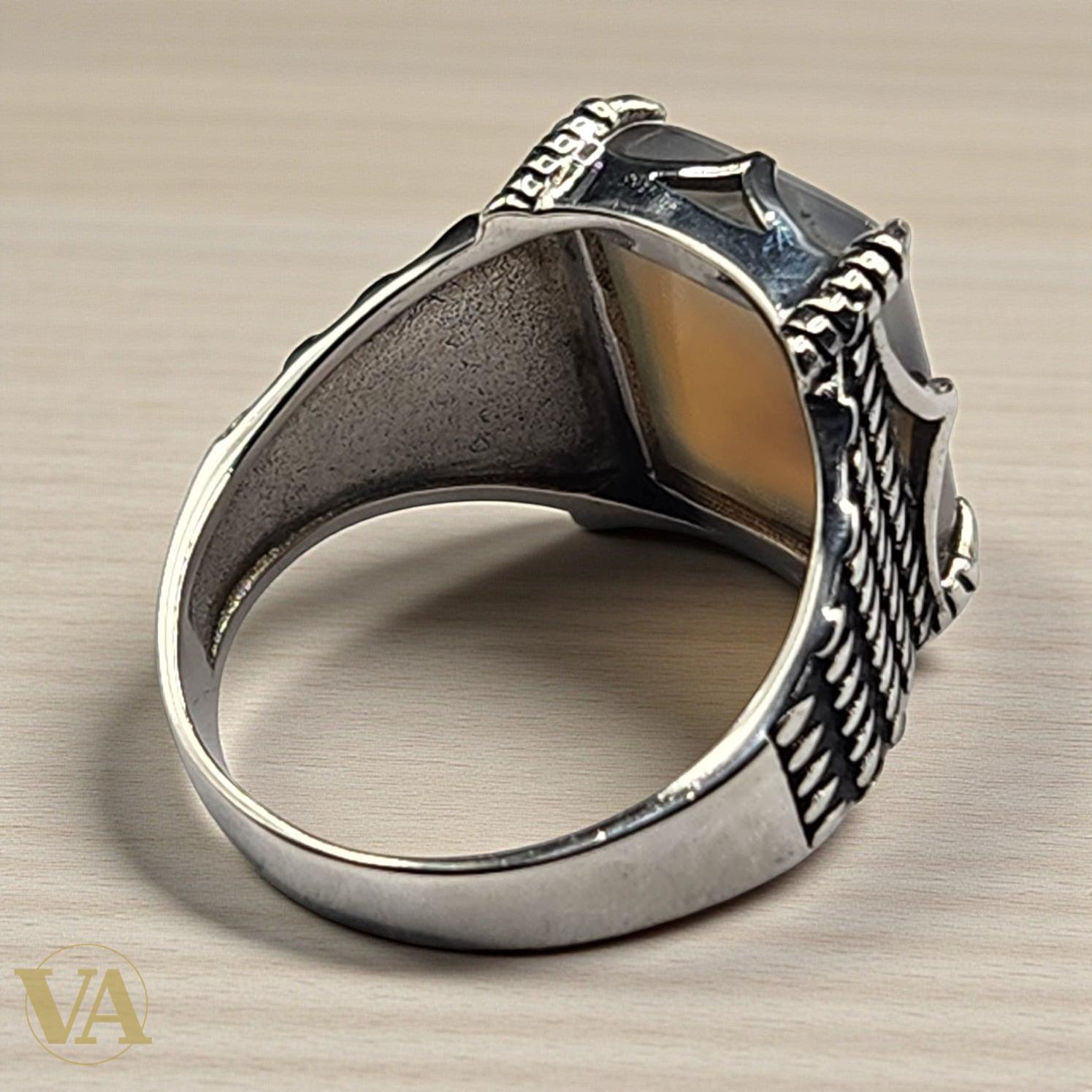 Bague Homme en Argent 925 & Agate Naturelle – Griffes Sculptées