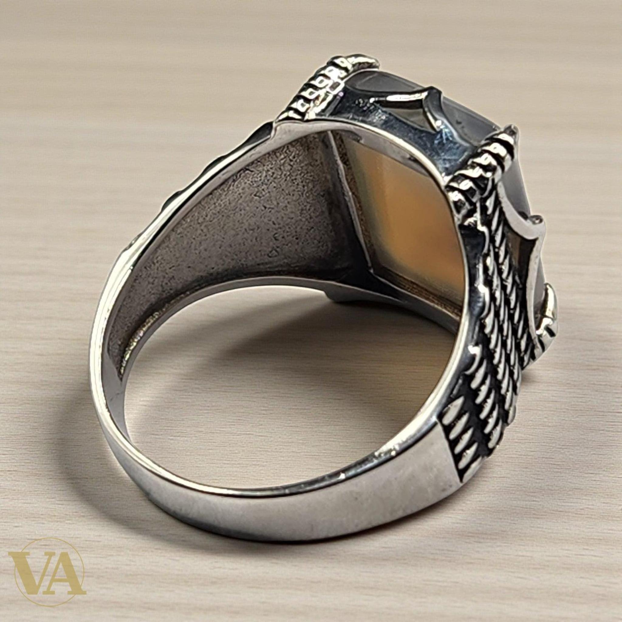 Bague Homme en Argent 925 & Agate Naturelle – Griffes Sculptées | Bijoux Vindicta