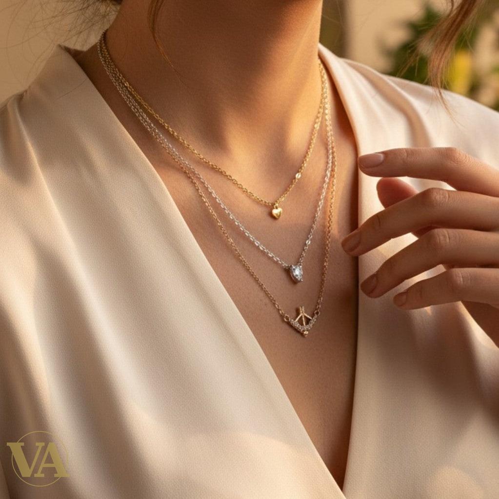 Set 3 Colliers Femme Argent 925 à Superposer — Cœur, Zircon Poire & Arc Flèche | Bijoux Vindicta