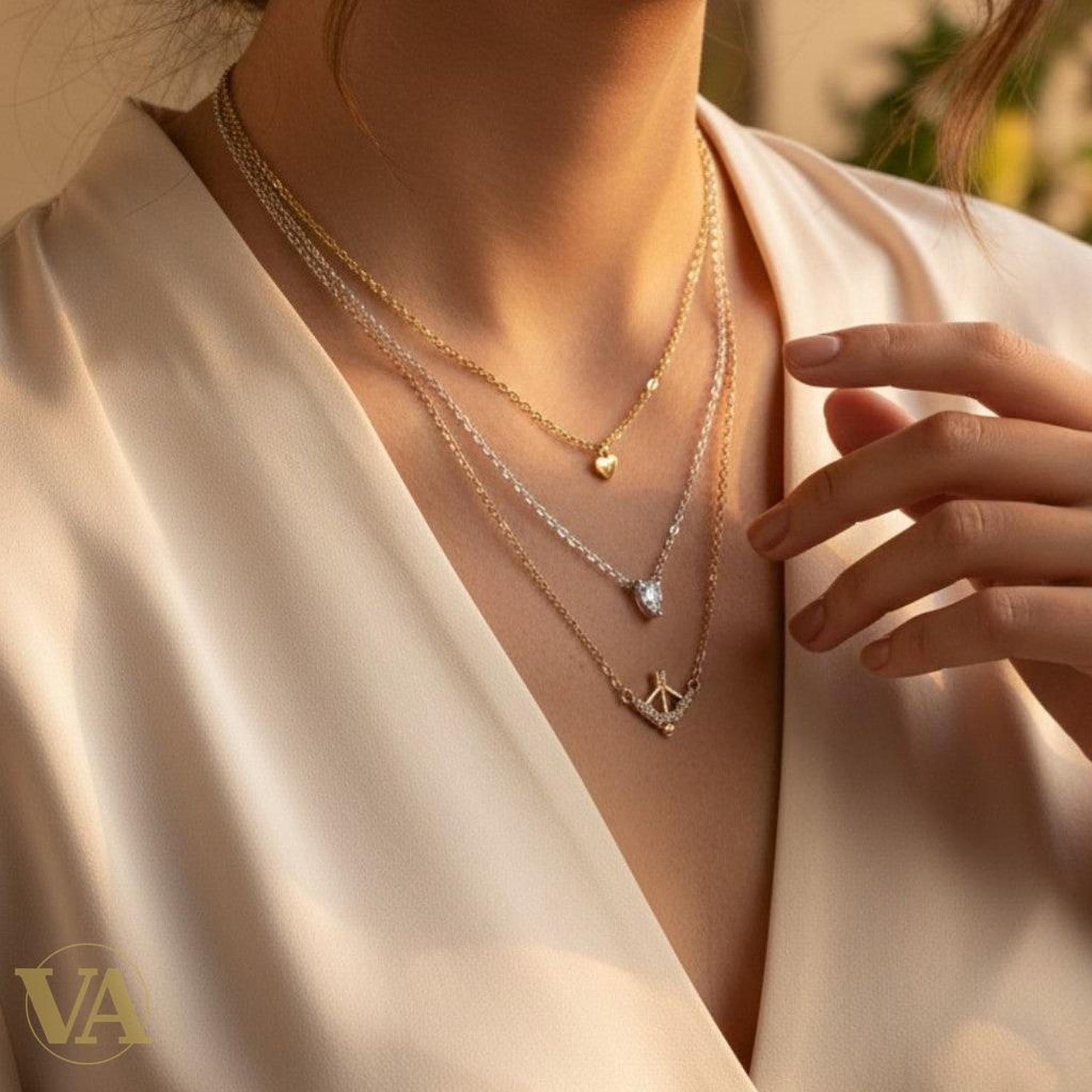 Set 3 Colliers Femme Argent 925 à Superposer — Cœur, Zircon Poire & Arc Flèche - Argent 925 - Vindicta