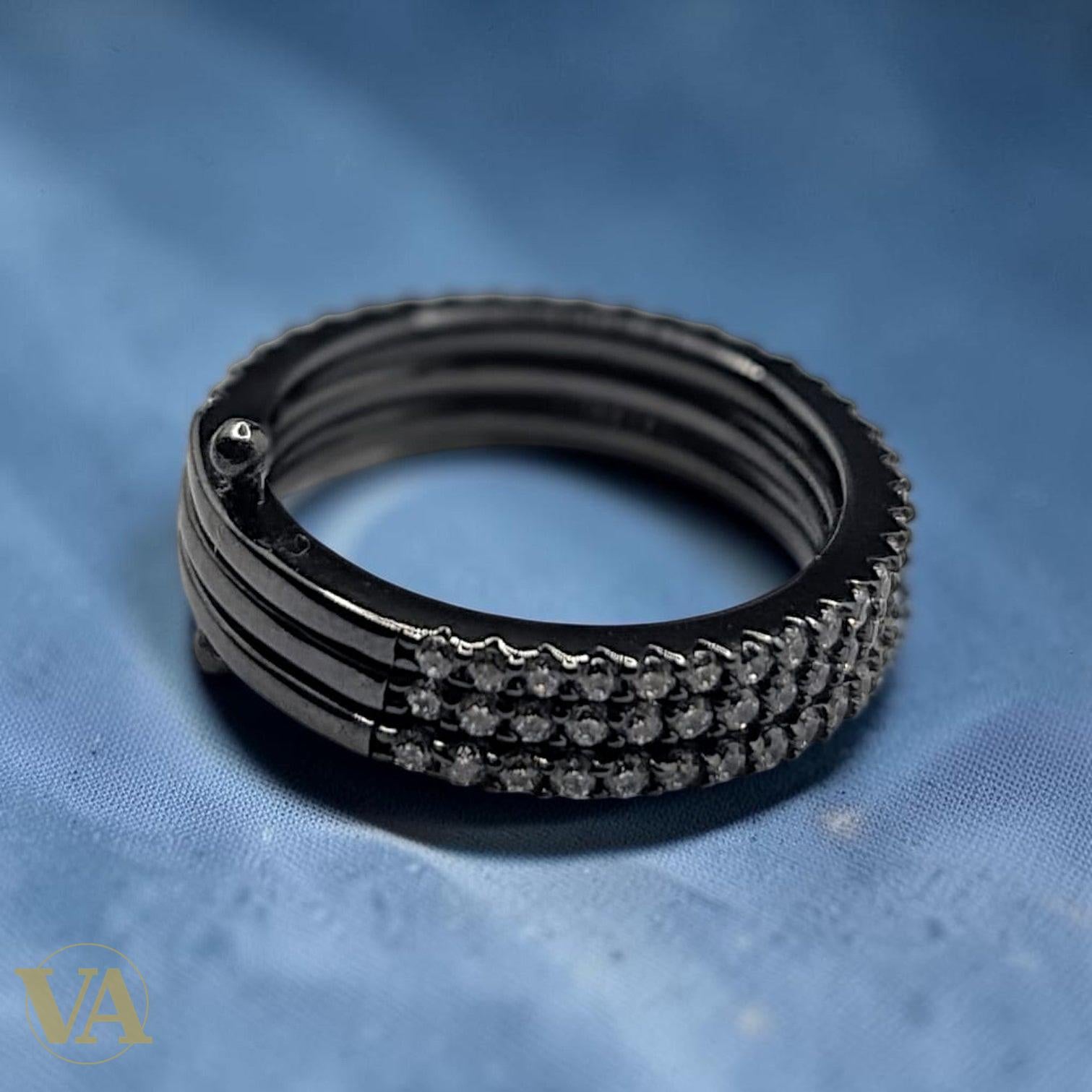 Bague Femme Argent 925 Oxyde de Zirconium Pavé 3 Rangs Noire