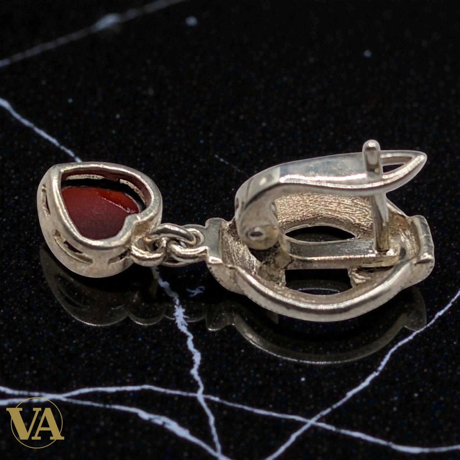 Boucles d'Oreilles Femme Argent 925 Cornaline et Marcassite | Bijoux Vindicta