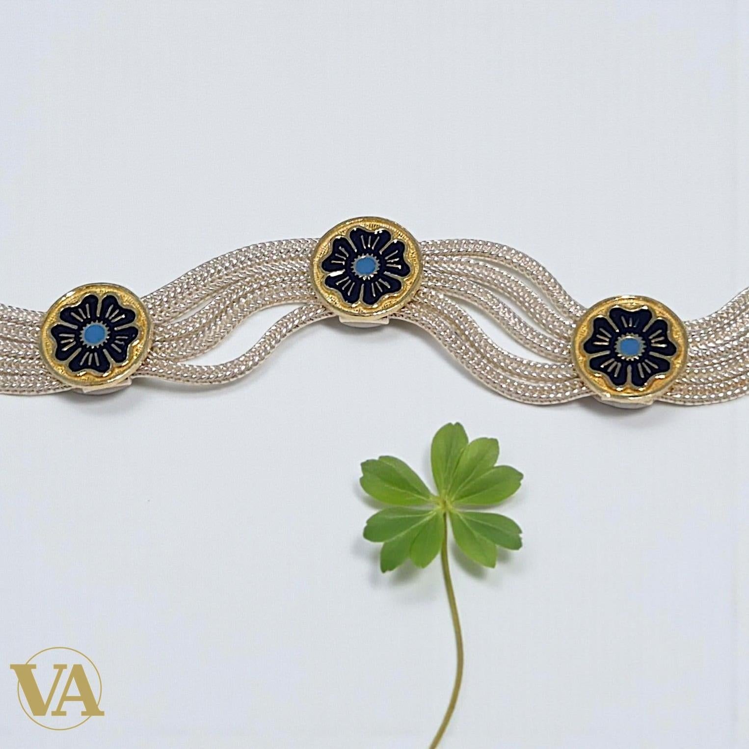 Bracelet femme argent 925 multi-chaînes rosaces dorées turquoise