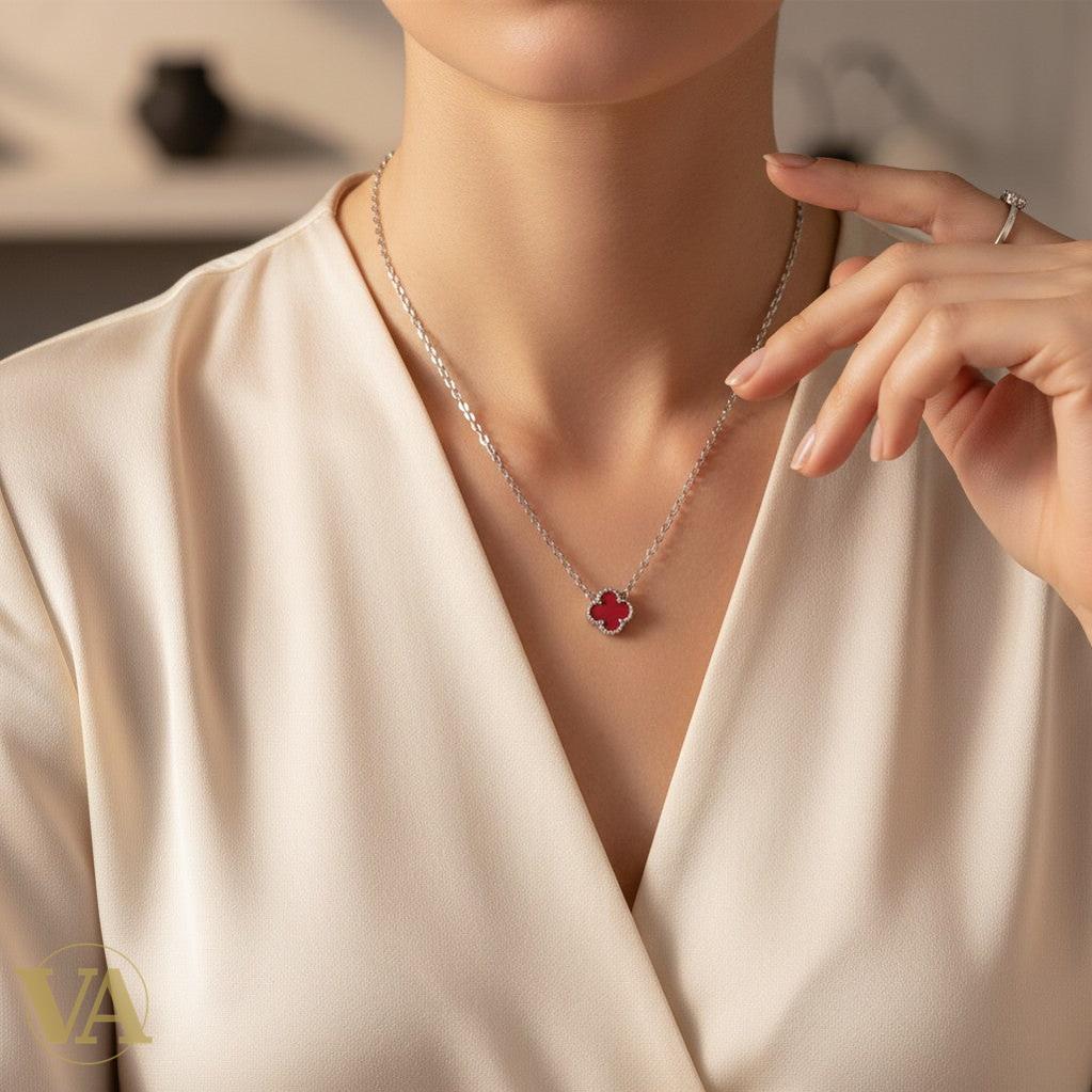 Collier Femme Cornaline Argent 925 — Pendentif Trèfle Pierre Naturelle