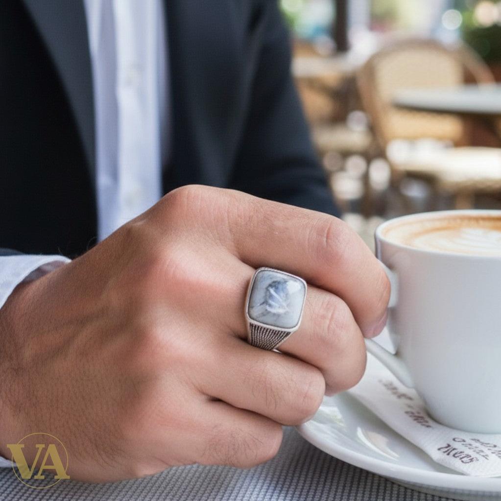 Bague homme argent 925 avec agate dendritique