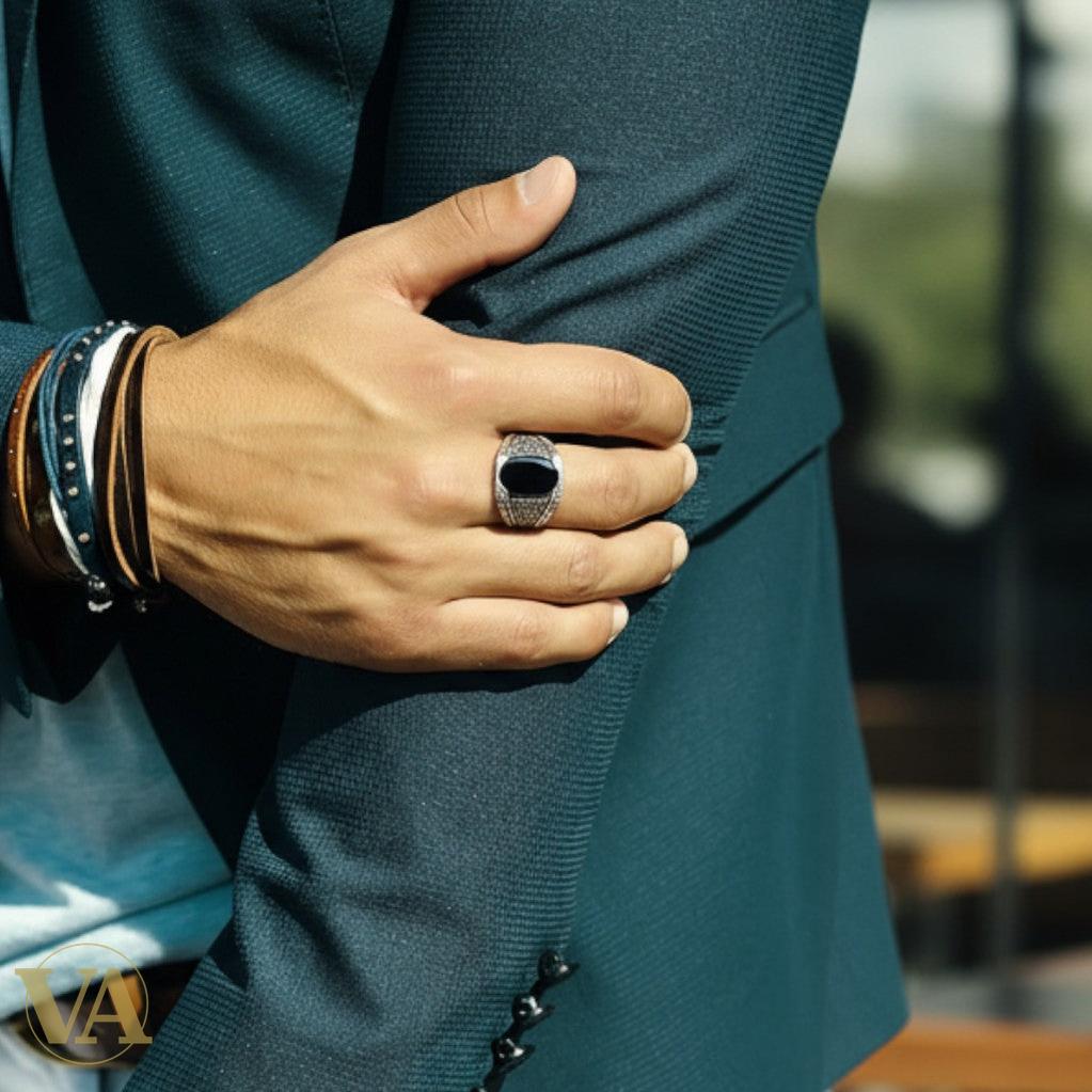 Bague homme argent 925 onyx noir et marcassites