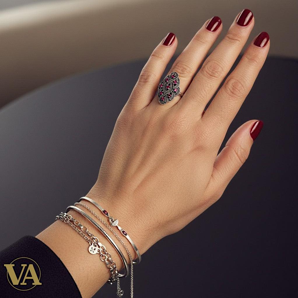 Bague Femme Argent 925 Grenat & Marcassite – Design Vintage Ajouré