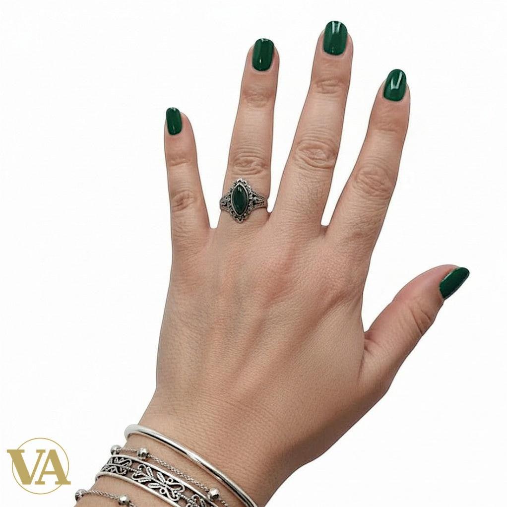 Bague Femme Argent 925 Onyx Vert Navette & Marcassite – Style Vintage Élégant