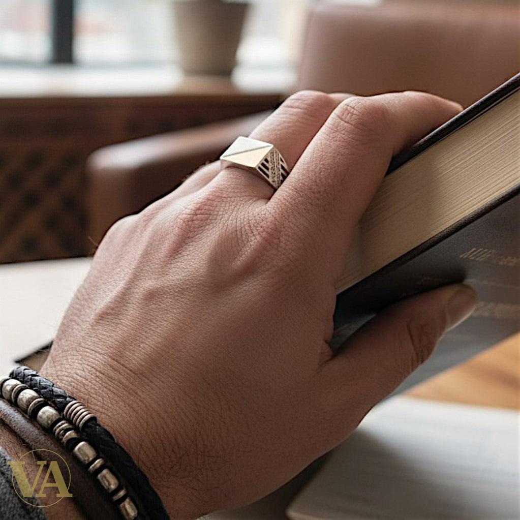 Chevalière Homme Argent 925 & Zircons Noirs – Design Géométrique Plaqué Or Rose