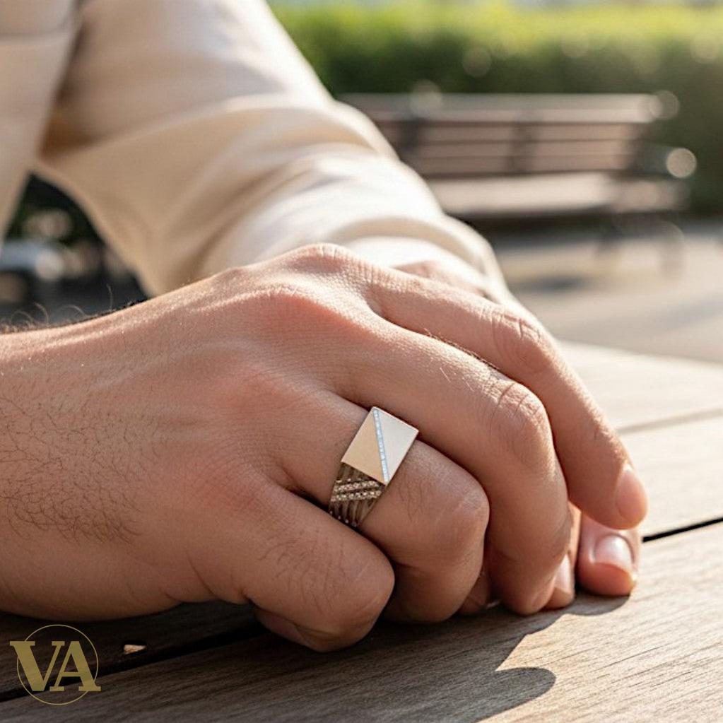 Chevalière Homme Argent 925 & Zircons Noirs – Design Géométrique Plaqué Or Rose | Bijoux Vindicta