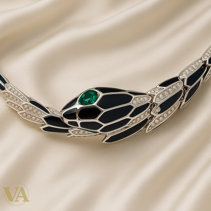Bracelet serpent argenté avec onyx noir et yeux zircons verts