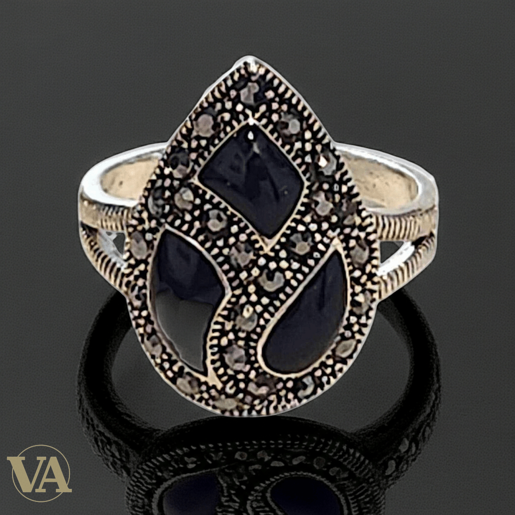 Bague Femme argent 925 goutte onyx noir et marcassites - Argent 925 - Vindicta