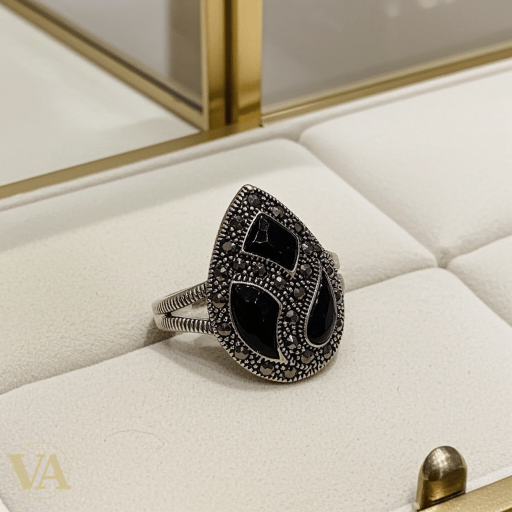 Bague Femme argent 925 goutte onyx noir et marcassites - Argent 925 - Vindicta