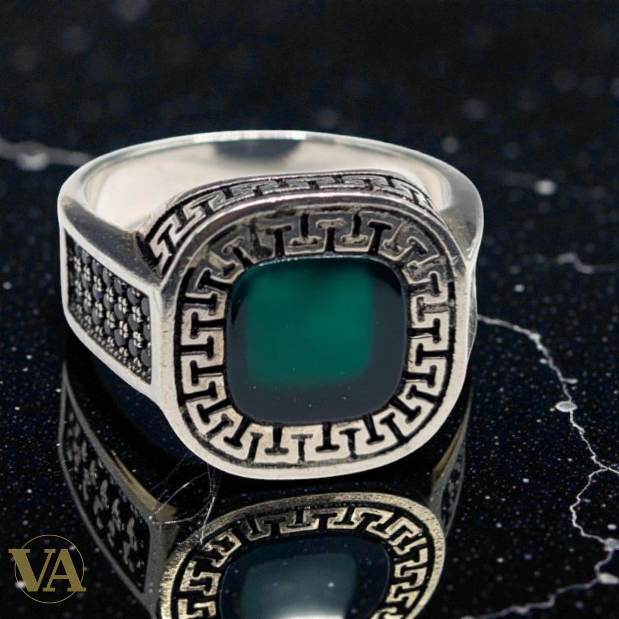 Bague Homme Argent 925 Agate Verte – Méandre Grec & Marcassites | Bijoux Vindicta