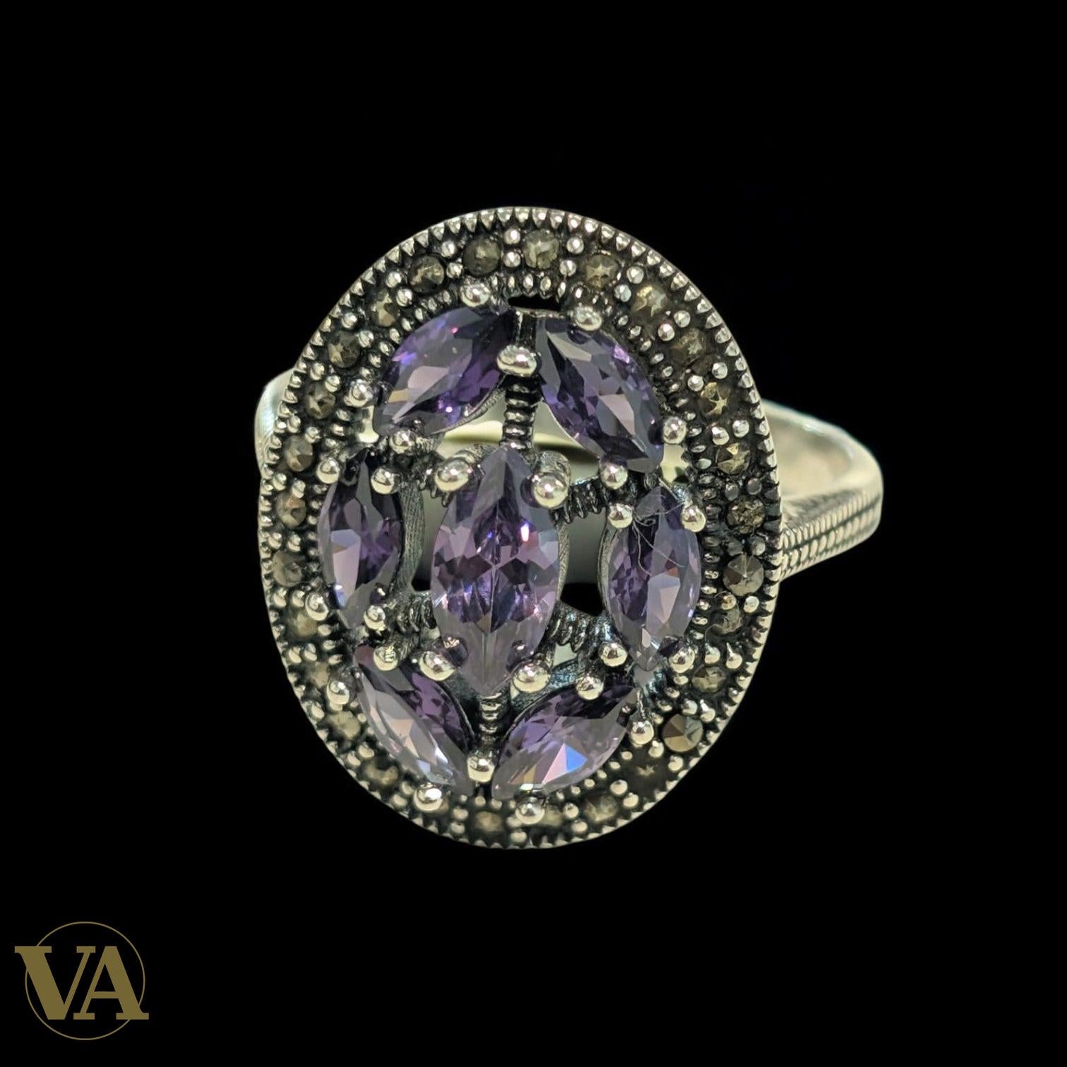 Bague Argent 925 Améthyste & Marcassites – Oval Vintage