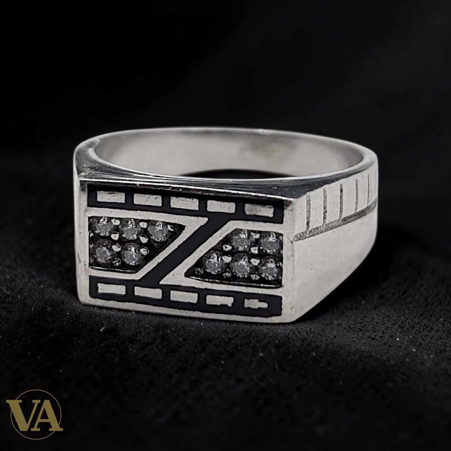 Chevalière Homme Argent 925 Zircons Noirs Art Déco Géométrique - Argent 925 - Vindicta
