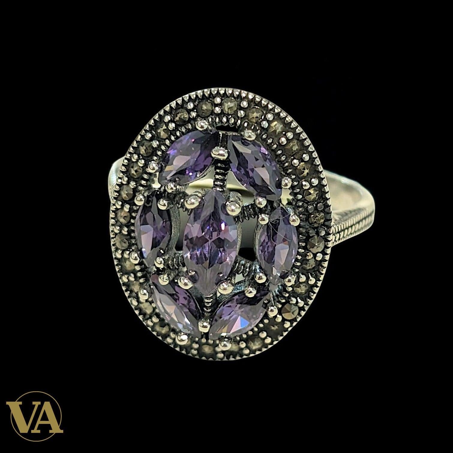 Bague femme Argent 925 Améthyste & Marcassites – Oval Vintage