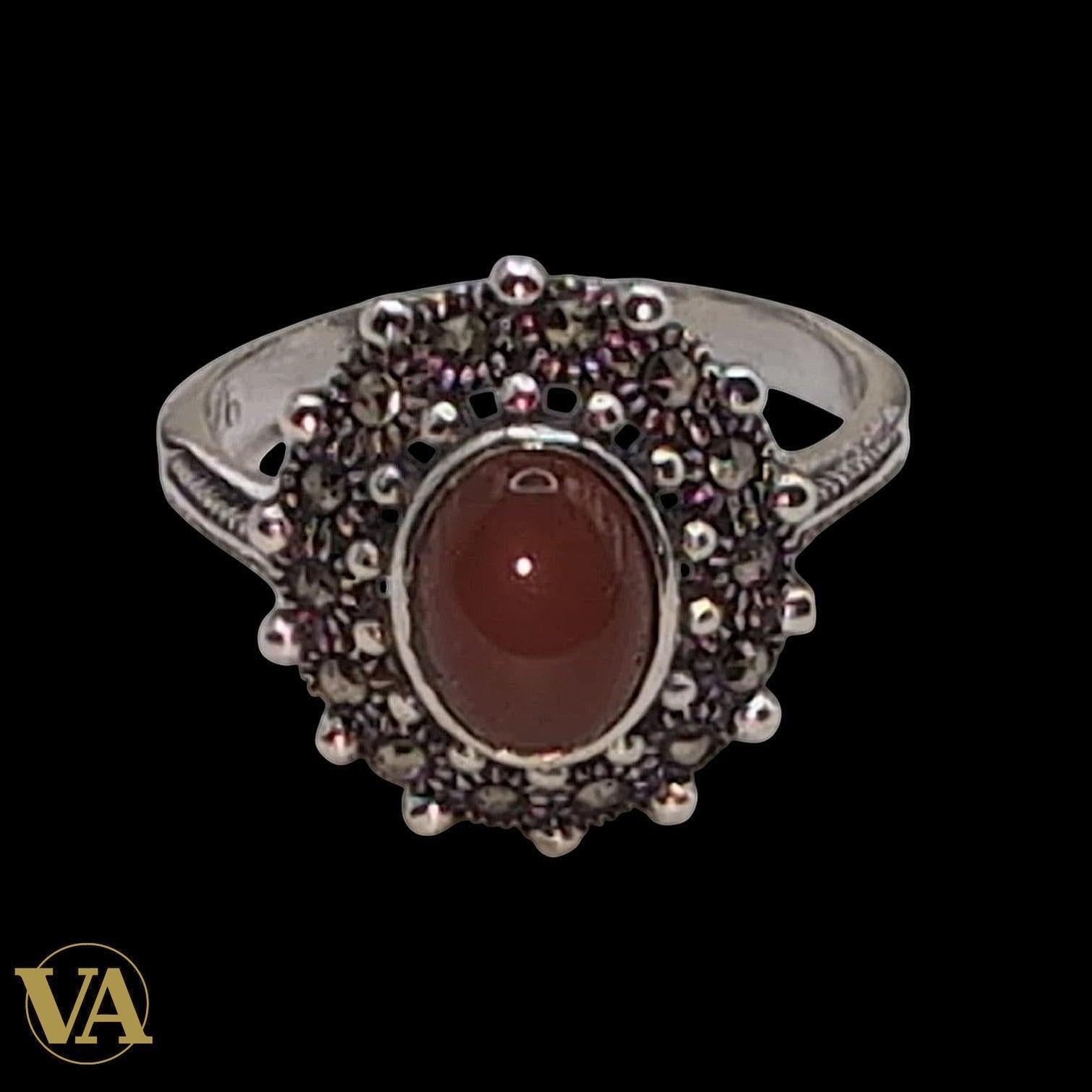Bague Femme Argent 925 Cornaline Ovale & Marcassite – Style Vintage Solaire | Bijoux Vindicta