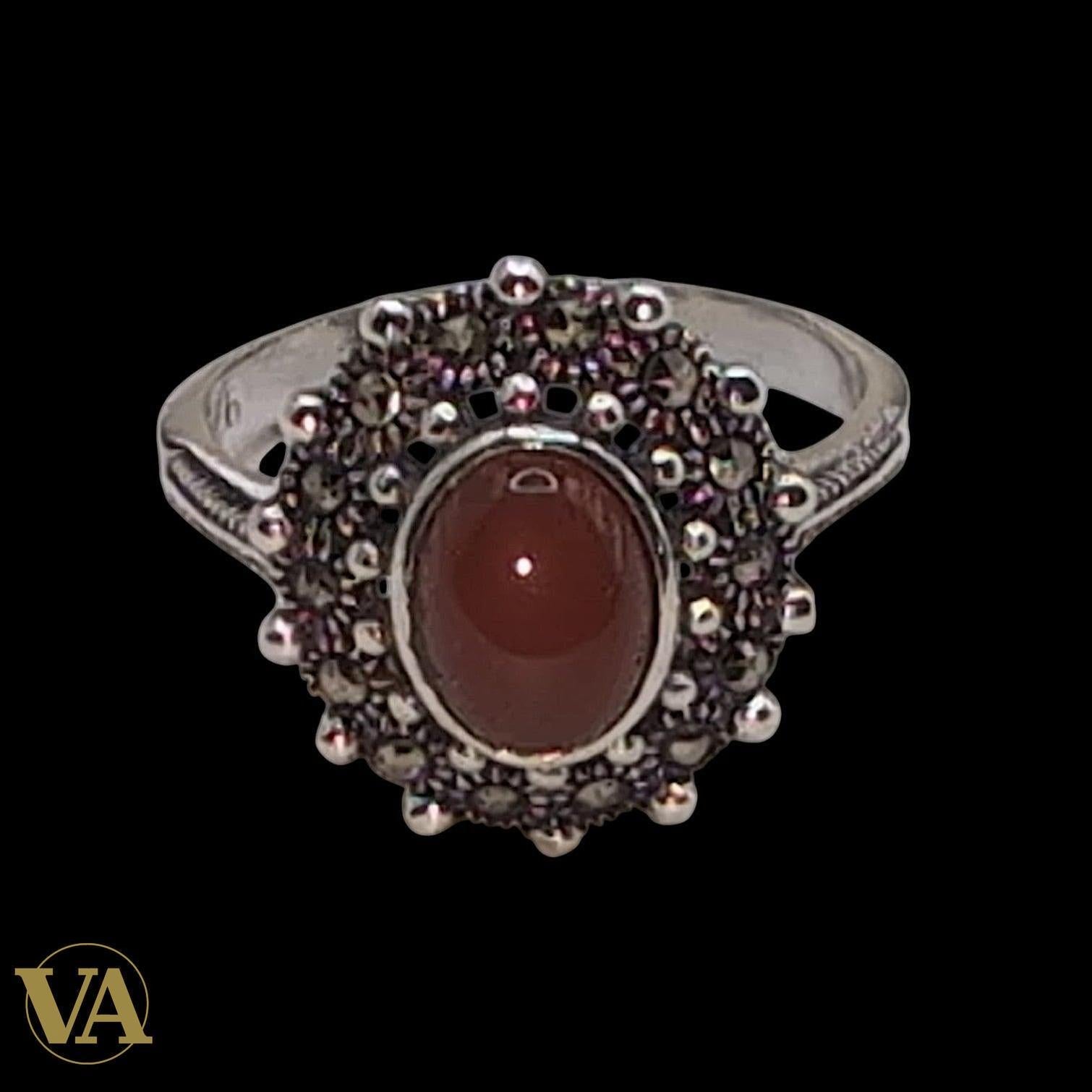 Bague Femme Argent 925 Cornaline Ovale & Marcassite – Style Vintage Solaire